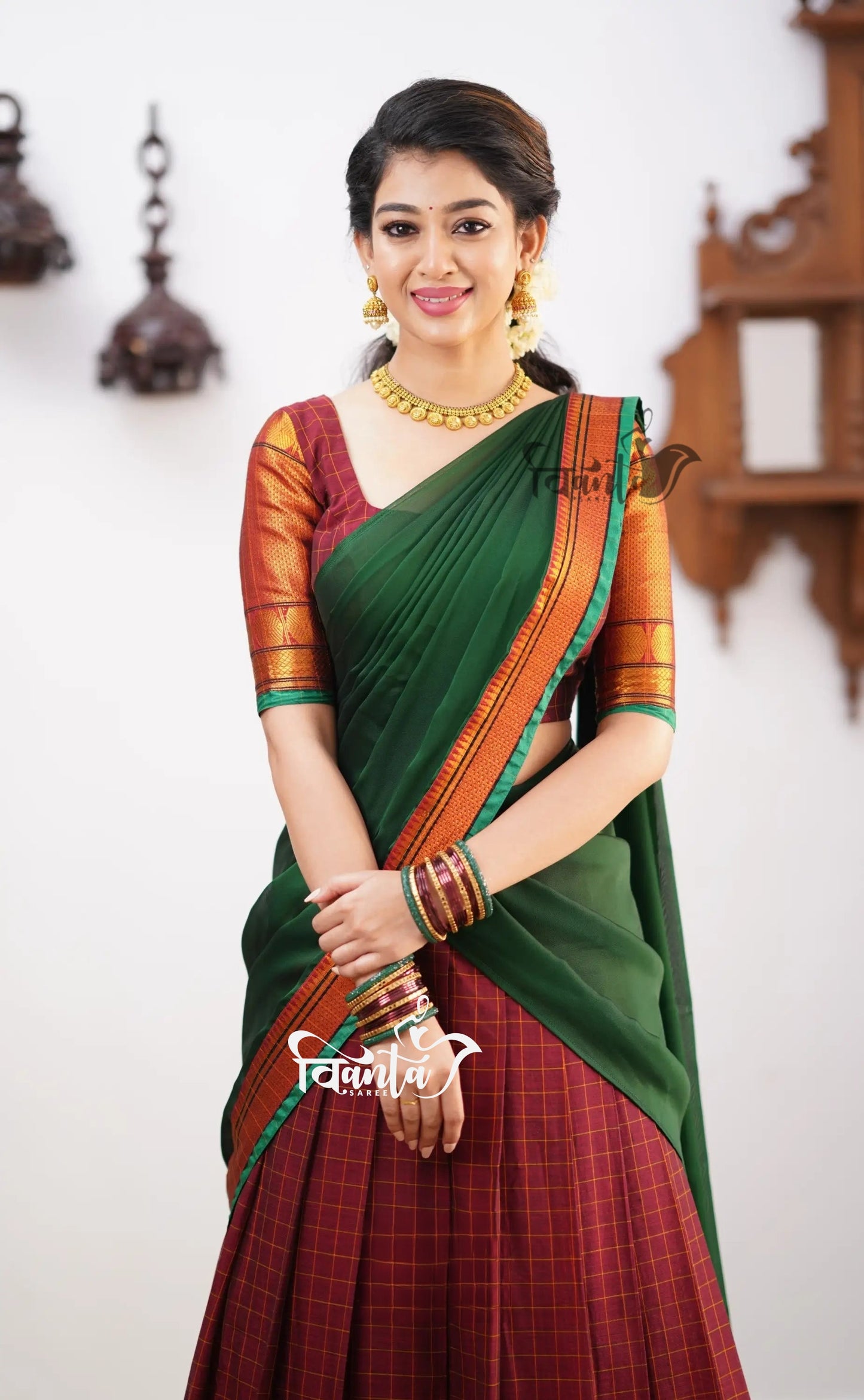 Green tone and Shade of Maroon Cotton Halfsaree