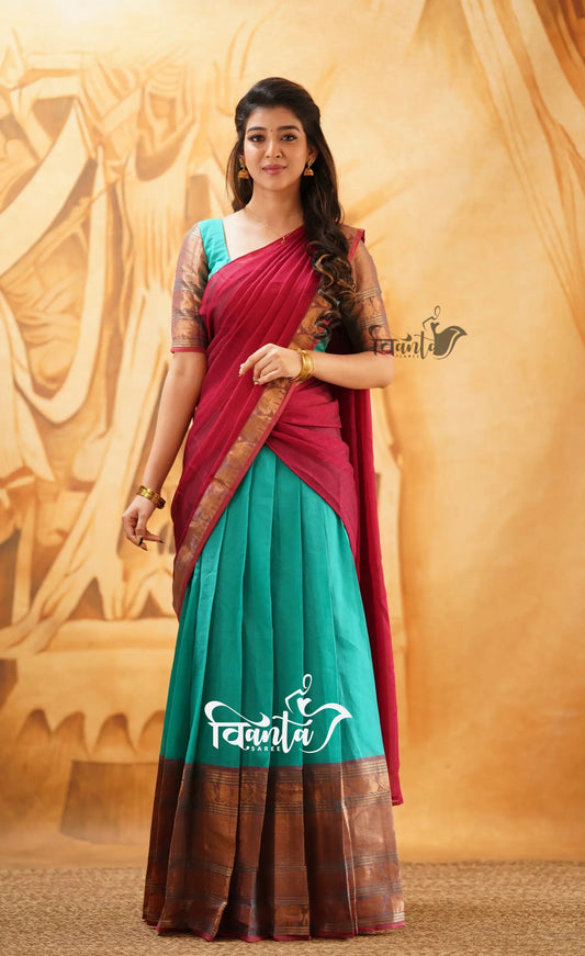 Padmaja - Light-Green and Red Cotton Halfsaree
