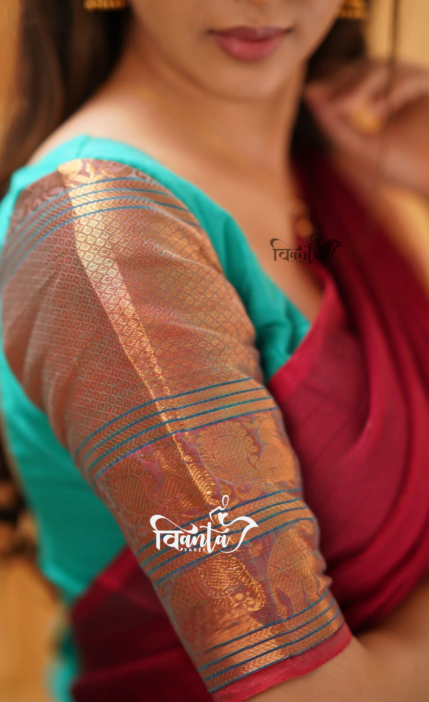 Padmaja - Light-Green and Red Cotton Halfsaree