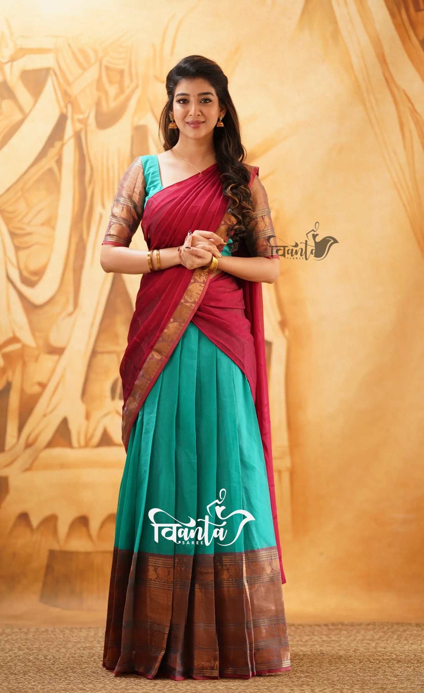Padmaja - Light-Green and Red Cotton Halfsaree