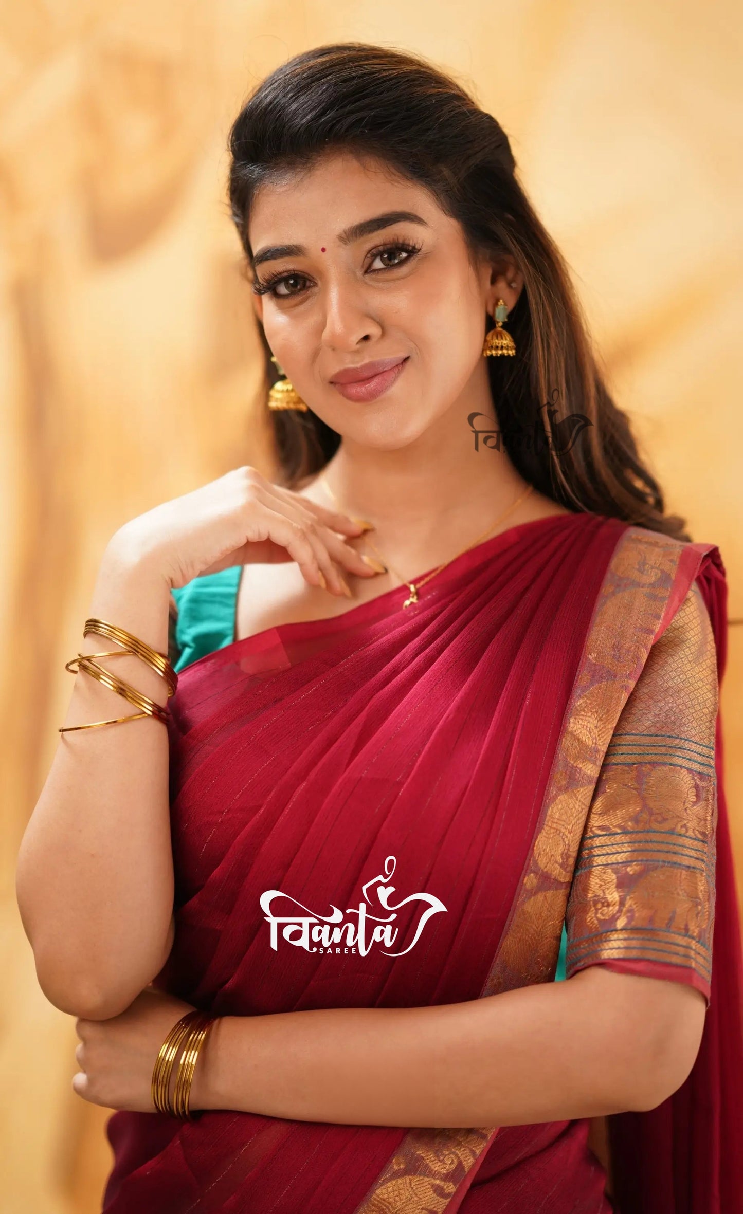 Padmaja - Light-Green and Red Cotton Halfsaree