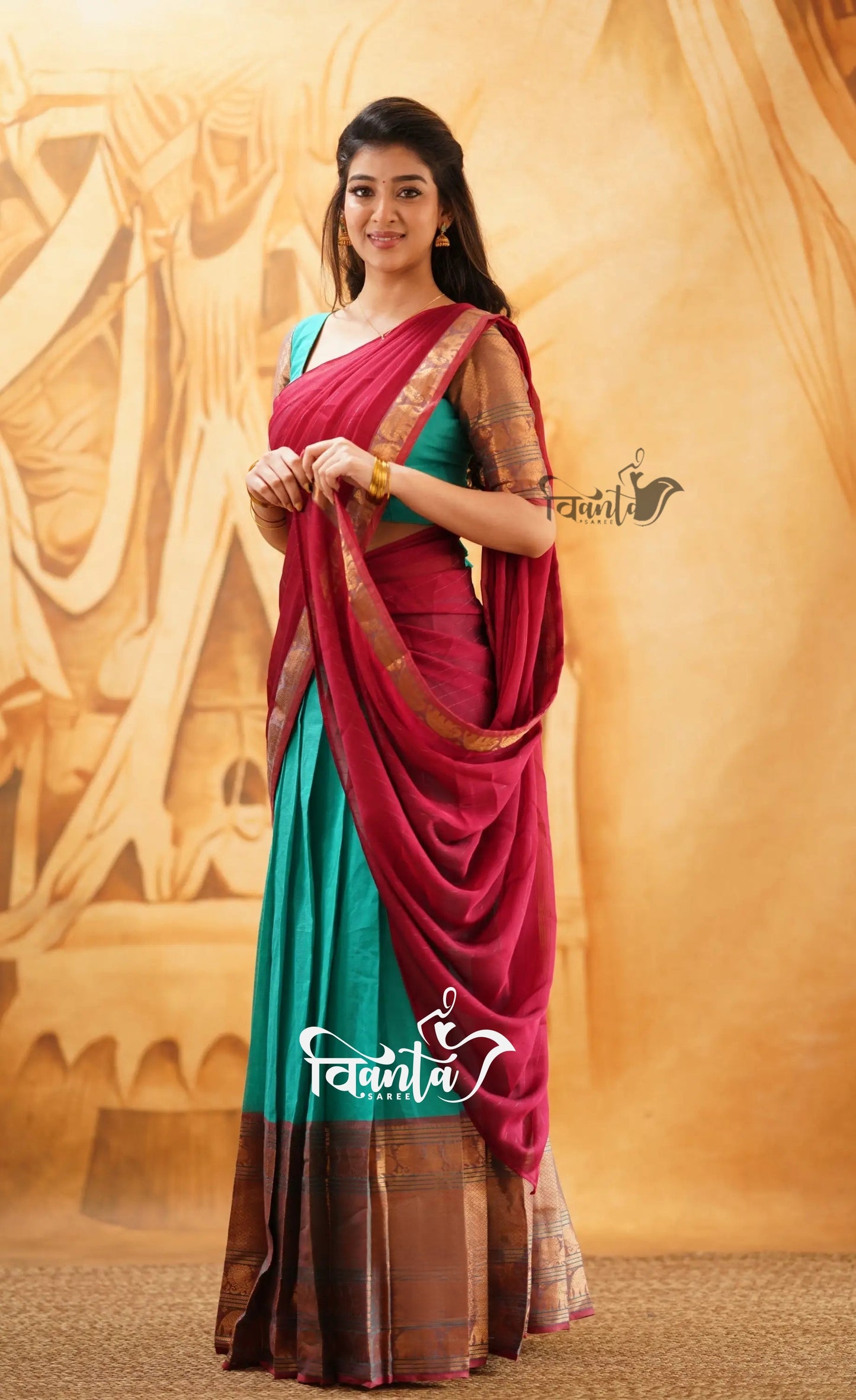 Padmaja - Light-Green and Red Cotton Halfsaree