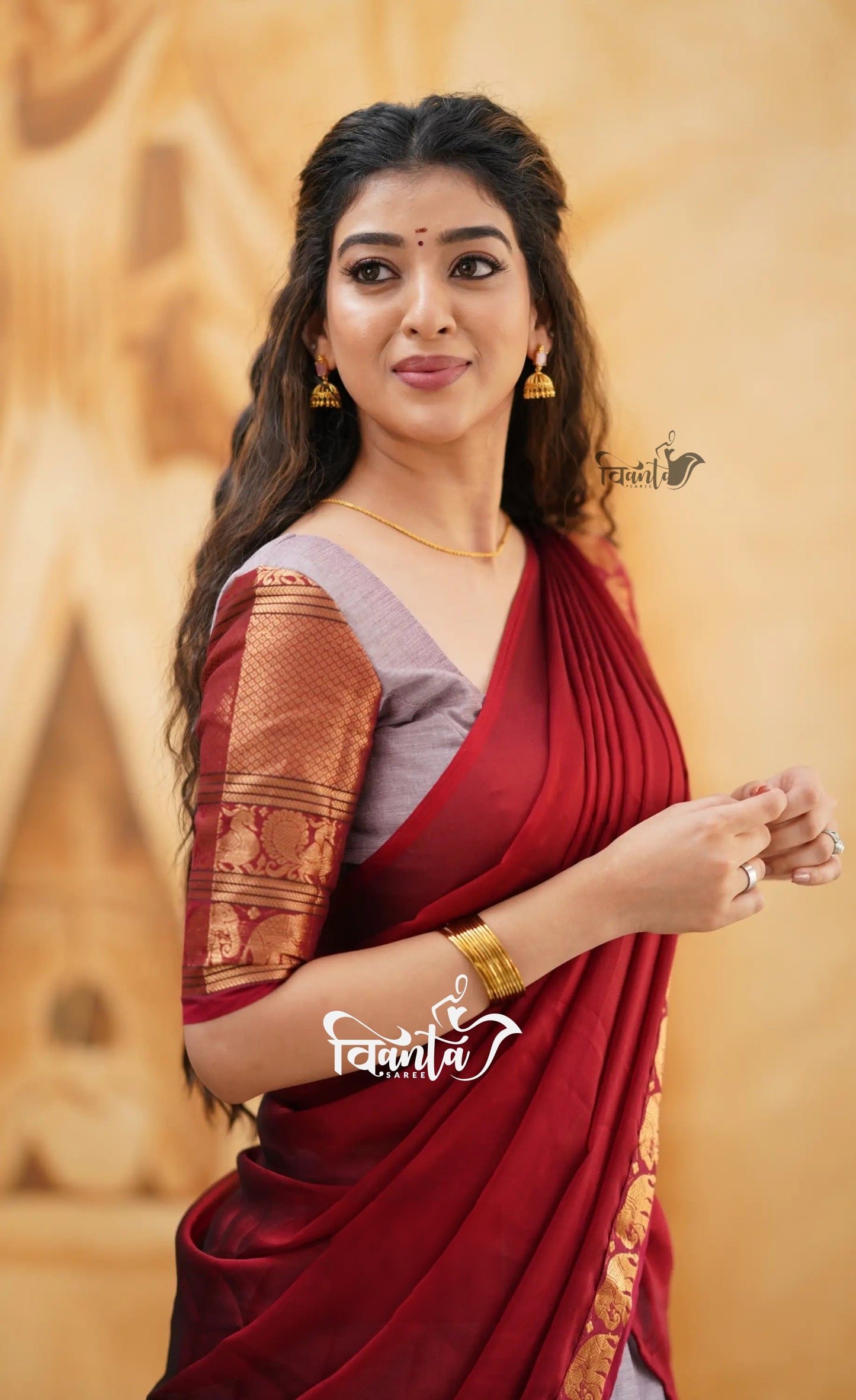 Padmaja - Mauve and Red Cotton Half saree