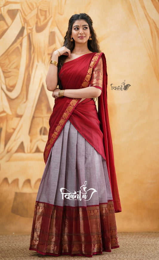 Padmaja - Mauve and Red Cotton Half saree