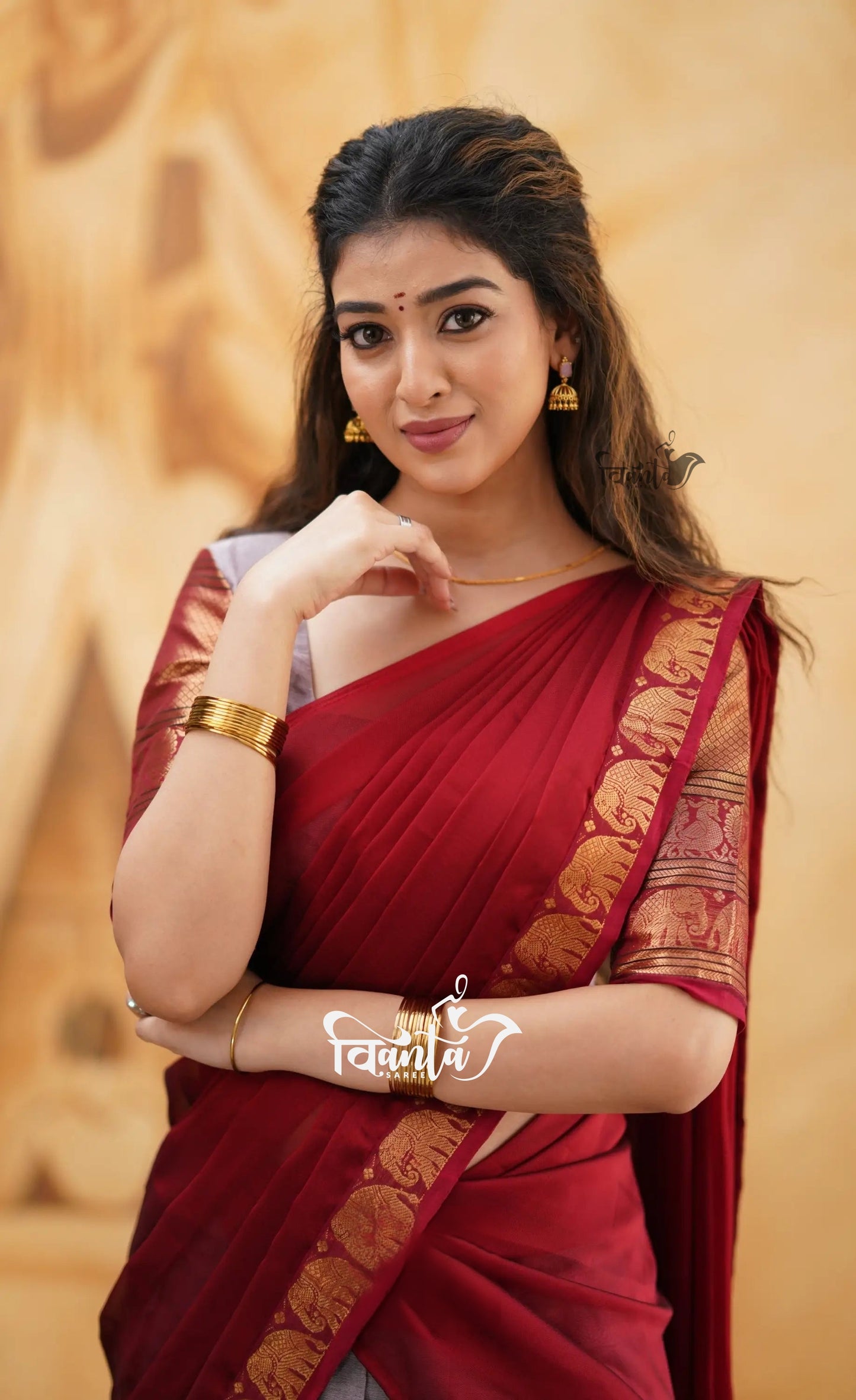 Padmaja - Mauve and Red Cotton Half saree