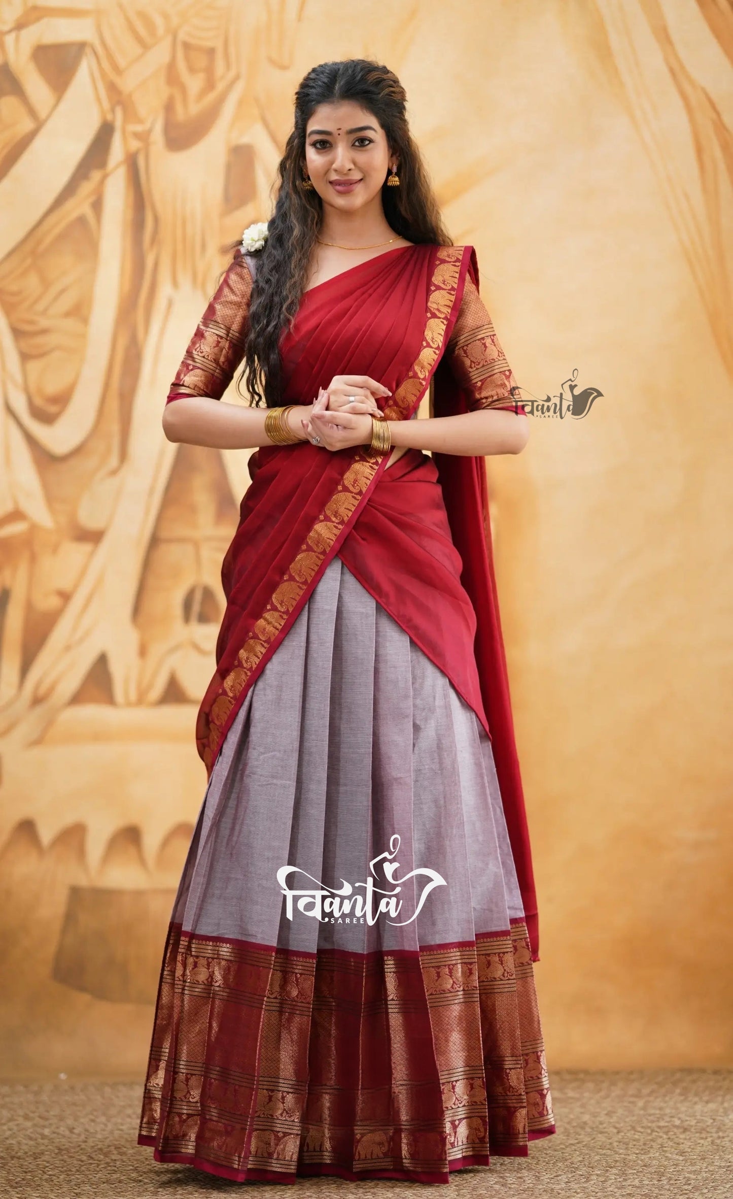 Padmaja - Mauve and Red Cotton Half saree