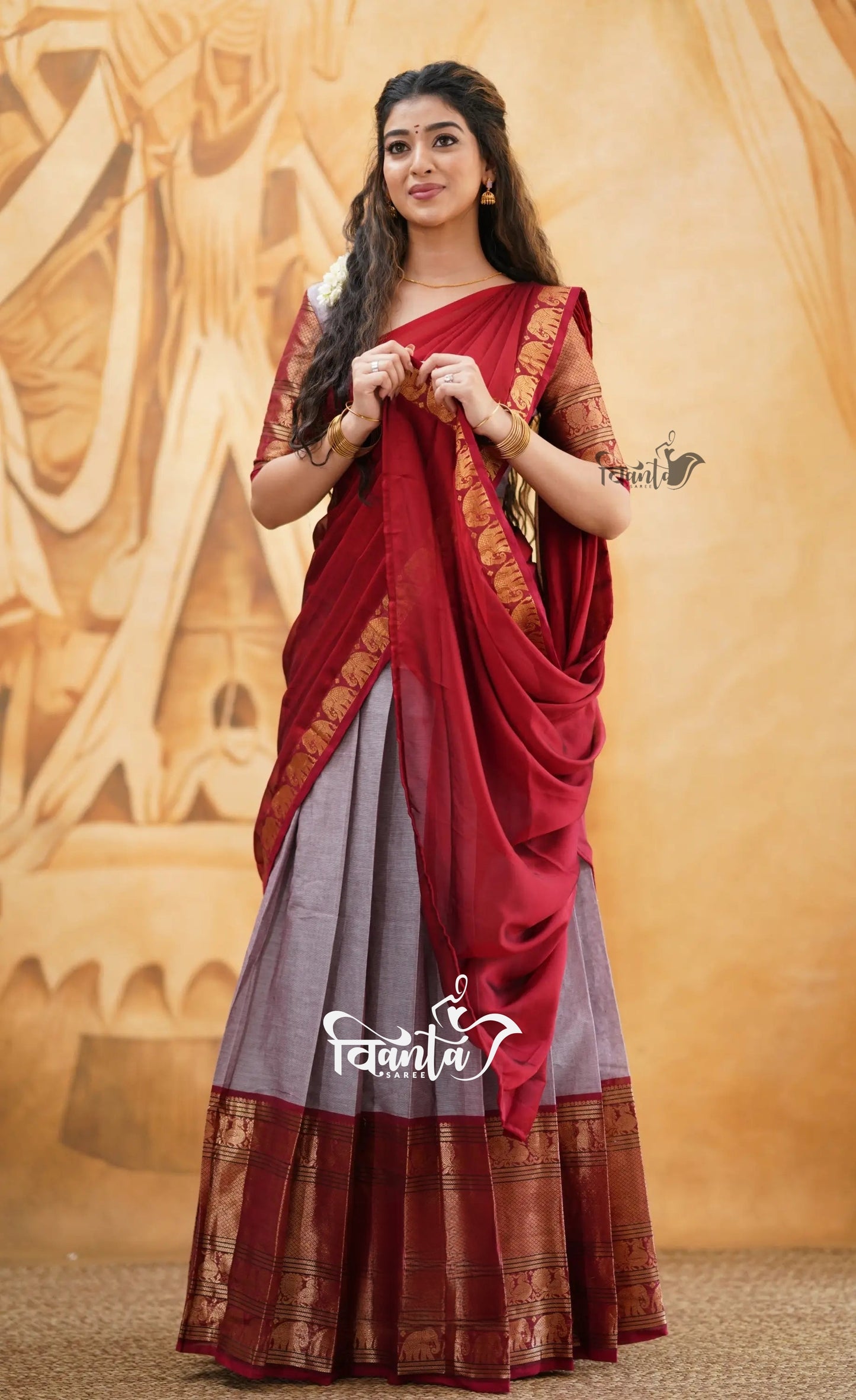 Padmaja - Mauve and Red Cotton Half saree