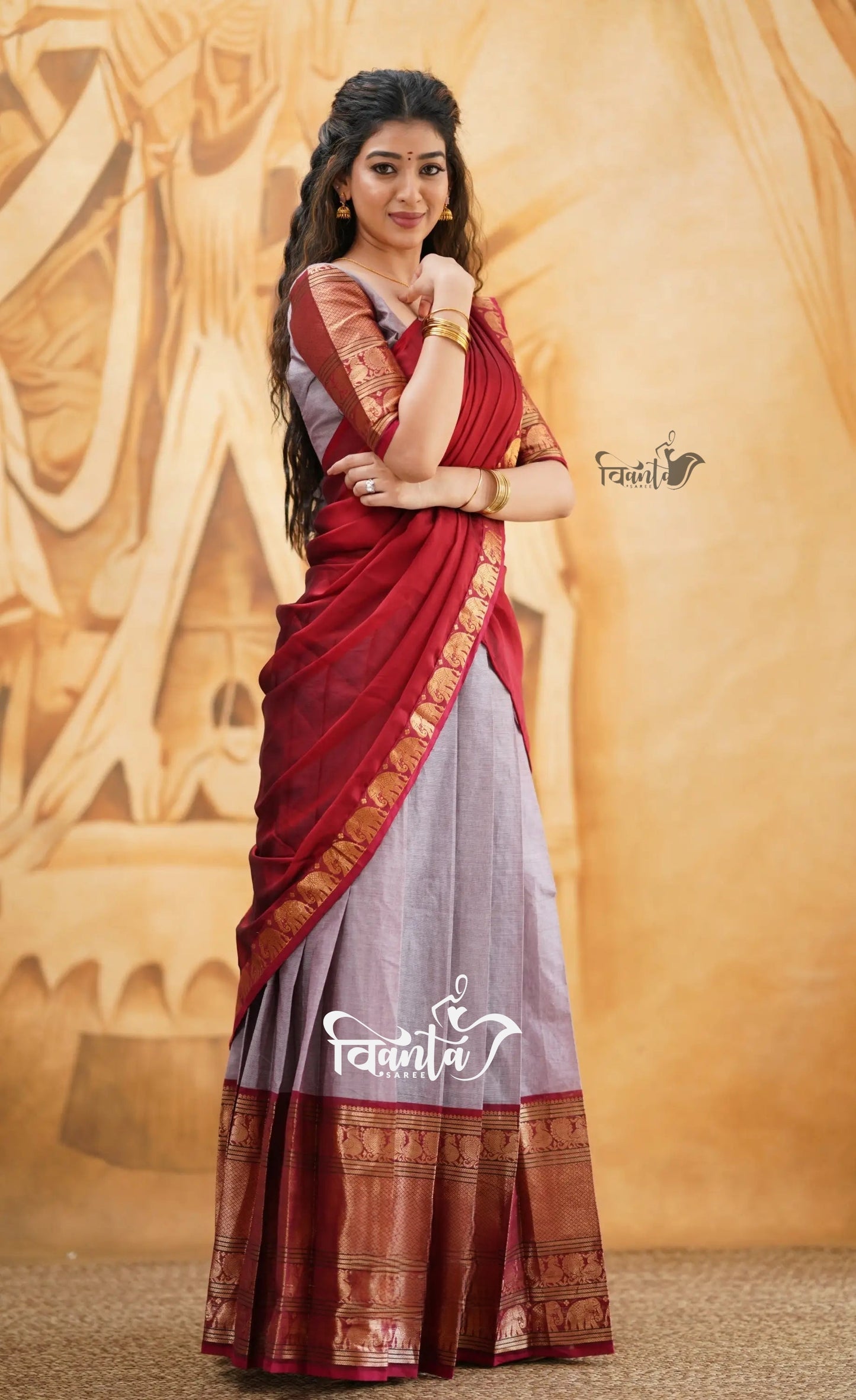 Padmaja - Mauve and Red Cotton Half saree