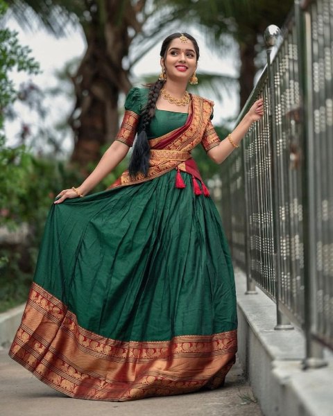 Kanjivaram Silk Zari Half Saree Lehenga With Blouse Along With Banarsi Silk Dupatta